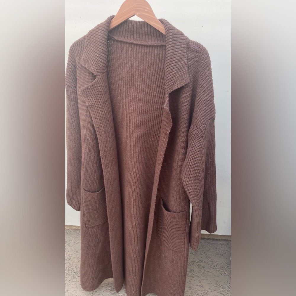 Chunky Over The Knee Rib Brown Cardigan Coat Pockets Belted Maxi Long Duster - Picture 8 of 13